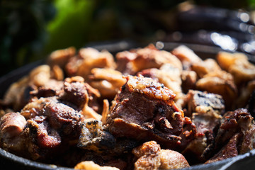 Barbecue grilled vegetables and meat, close-up. Baked tomatoes, aubergine