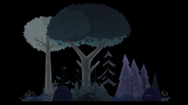 Seamless loop. Group of trees, bushes and grass swinging in wind. Pale grey colors at night. Animated vector illustration with brushes isolated on black background with alpha luma matte.