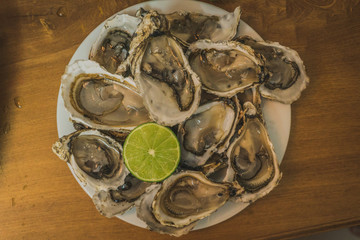 Oysters the Dozen on ice and with a piece of lemon on the side.