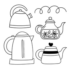 Vector doodle set of teapot. Cooking, kitchen utensils, home elements. hand illustration isolated on white background.