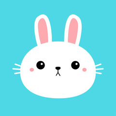 Bunny rabbit round face head icon. Cartoon funny baby character. Cute kawaii animal. Kids print for poster, t-shirt cloth. Love card. Scandinavian style. Flat design. Blue background. Isolated.