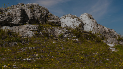 View of the Sokolich Mountains Reserve and rock stones in Olsztyn. A free space for an inscription