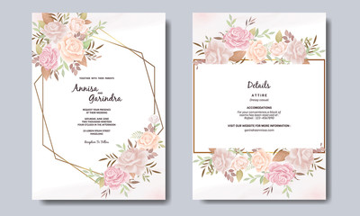 Elegant wedding invitation cards template with pink and blush roses  design Premium Vector