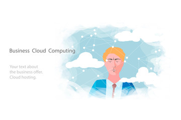 Cloud computing for business, concept. Layout with space for text, a businessman on background of sky with clouds and connections to the Internet, cloud computing concept