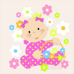 Happy little baby girl and basket of flowers vector character illustration