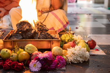 items for the Indian Yajna ritual. Indian Vedic fire ceremony called Pooja. A ritual rite, for many religious and cultural holidays and events in the Indian tradition. Hindu wedding vivah Yagya