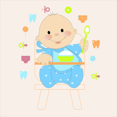 Cute baby boy eating vector character illustration