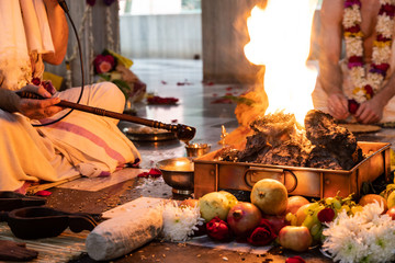 items for the Indian Yajna ritual. Indian Vedic fire ceremony called Pooja. A ritual rite, for many...
