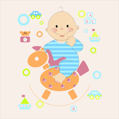 Sweet little baby boy and horse vector character illustration