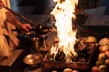 items for the Indian Yajna ritual. Indian Vedic fire ceremony called Pooja. A ritual rite, for many...