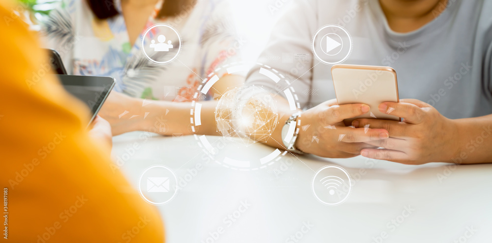 Poster concept technology internet and networking, friends group holding smartphone on the table with media