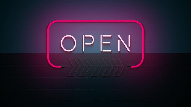 Neon sign of the word 'OPEN' switch on with a flicker	