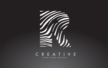 R Letter Logo Design with Fingerprint, black and white wood or Zebra texture on a Black Background.
