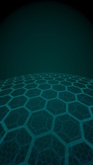 Multilayer sphere of honeycombs, green on a dark background, social network, computer network, technology, global network. 3D illustration