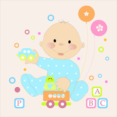 Happy little baby boy and toys vector character illustration