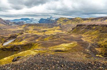 Beautiful panoramic view of the Landmannalaugar valley on the trek. Iceland