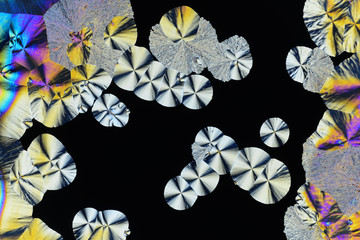 Colorful micro crystals in polarized light. Photo through a microscope.