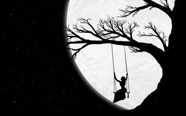 black silhouette of an old big tree and a woman on a swing against the night sky with stars and a...