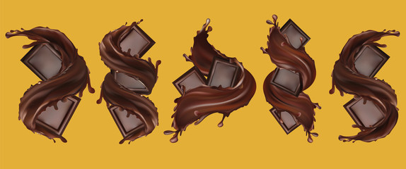 Chocolate bar with splashing and chocolate liquid. Pieces of chocolate, with drops. 3d illustration.