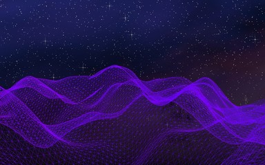 Fototapeta premium Abstract ultraviolet landscape on a dark background. Purple cyberspace grid. hi tech network. Outer space. Violet starry outer space texture. 3D illustration