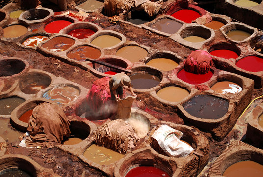 Man Tanning Leather in Fes, Morocco