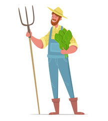 Happy farmer is staying with pitch fork and armful of lettuce leaves. Vector illustration.