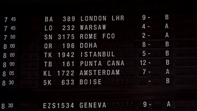 Display board in an airport with departure and arrival times, flight information for the passengers.