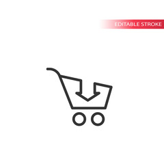 Shopping cart with arrow, add button thin line vector icon. Editable stroke.