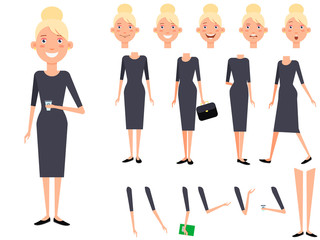 Stylish lady character set with different poses, emotions, gestures. Parts of body, coffee cup, diary, womens bag. Can be used for topics like lifestyle, businesswoman, successful lady