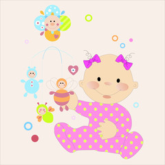 Funny little baby girl playing vector character illustration