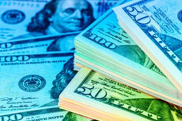 money background from dollars in neon light