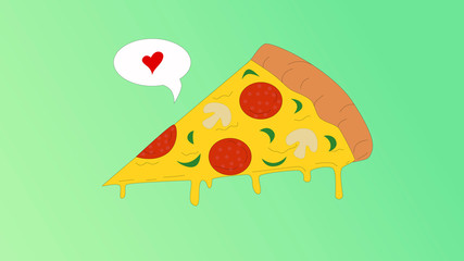 Cute illustration of piece of pizza with heart. Slice of pizza with love thought cloud. Concept for children pizza menu or advertisement of pizza restaurant