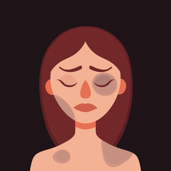 Sad young woman with bruises and wounds on a dark background.Concept of domestic violence, sexual abuse in the family, bullying, social problem, aggression against women.Vector cartoon illustration