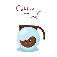 Kawaii Coffee in glass holder vector character isolated on white background. Funny smiling food mascot in plastic cup with spoon. Cute yummy drink illustration with lettering. Funny menu concept.