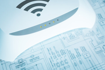 Topical Internet and Network Technology: top view of Wireless Internet router modem over network...