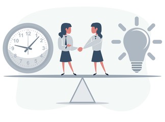 Business partners shaking hands as a symbol of unity. Business people standing on seesaw between clock and Lightbulb. Vector flat design illustration.