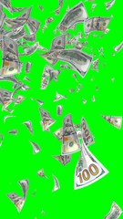 Flying dollars banknotes isolated on chromakey. Money is flying in the air. 100 US banknotes new sample. Vertical orientation. 3D illustration
