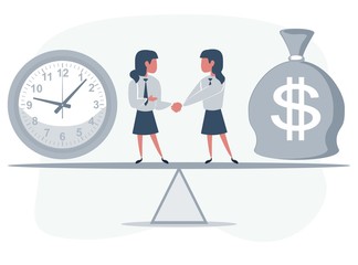 Business partners shaking hands as a symbol of unity. Business people standing on seesaw between clock and money. Vector flat design illustration.