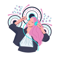 Beautiful girl listens to music on headphones. T-shirt print.