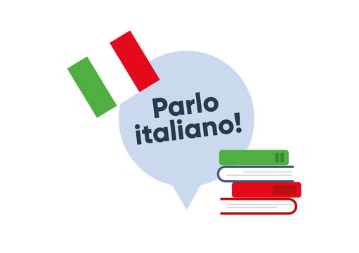 Text "Parlo Italiano" in Italian language means "I speak Italian". National flag and books for studing,  education concept. Flat vector illustration.