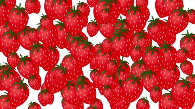 Background with lot of animated cartoon strawberries appearing on white background. Fresh fruits. Summer fruits, healthy lifestyle