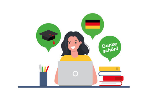 Woman student studies German language. Online education concept. Flat vector illustration.