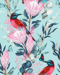 Vector seamless pattern with birds and protea - obrazy, fototapety, plakaty
