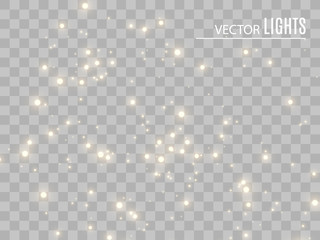 Glowing yellow circles. White sparks and golden stars glitter special light effect. Vector sparkles on transparent background. Christmas abstract pattern. Sparkling magic dust particles
