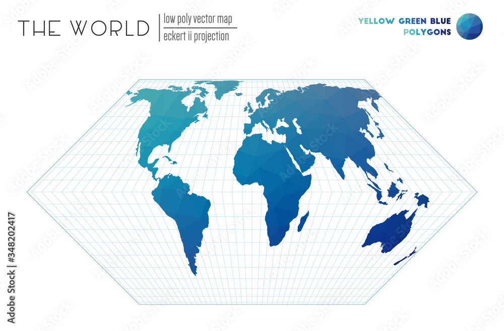 Poster triangular mesh of the world. eckert ii projection of the world. yellow green blue colored polygons.