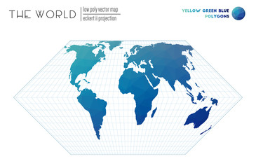 Triangular mesh of the world. Eckert II projection of the world. Yellow Green Blue colored polygons. Stylish vector illustration.