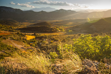 Panoramic view to Corbiere hill tops and valley, Aude, France