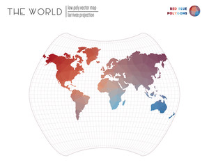 Abstract world map. Larrivee projection of the world. Red Blue colored polygons. Elegant vector illustration.