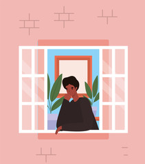 Man looking out the window from pink house vector design