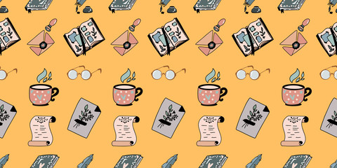 Vector pattern with different elements .A set of book, cup,pen and letter. Icons for artists and writers .